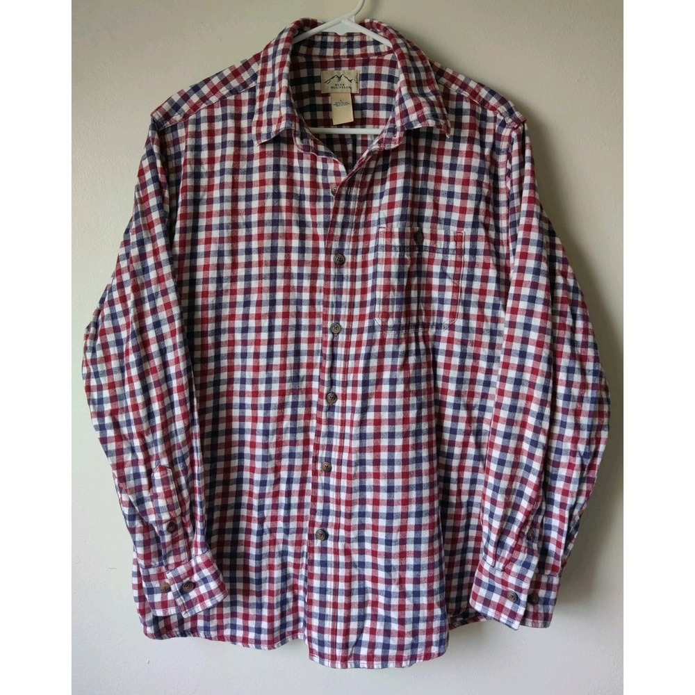 Blue Mountain Men's‎ Red/White/Blue Plaid Shirt Long Sleeve 100% Cotton Size L